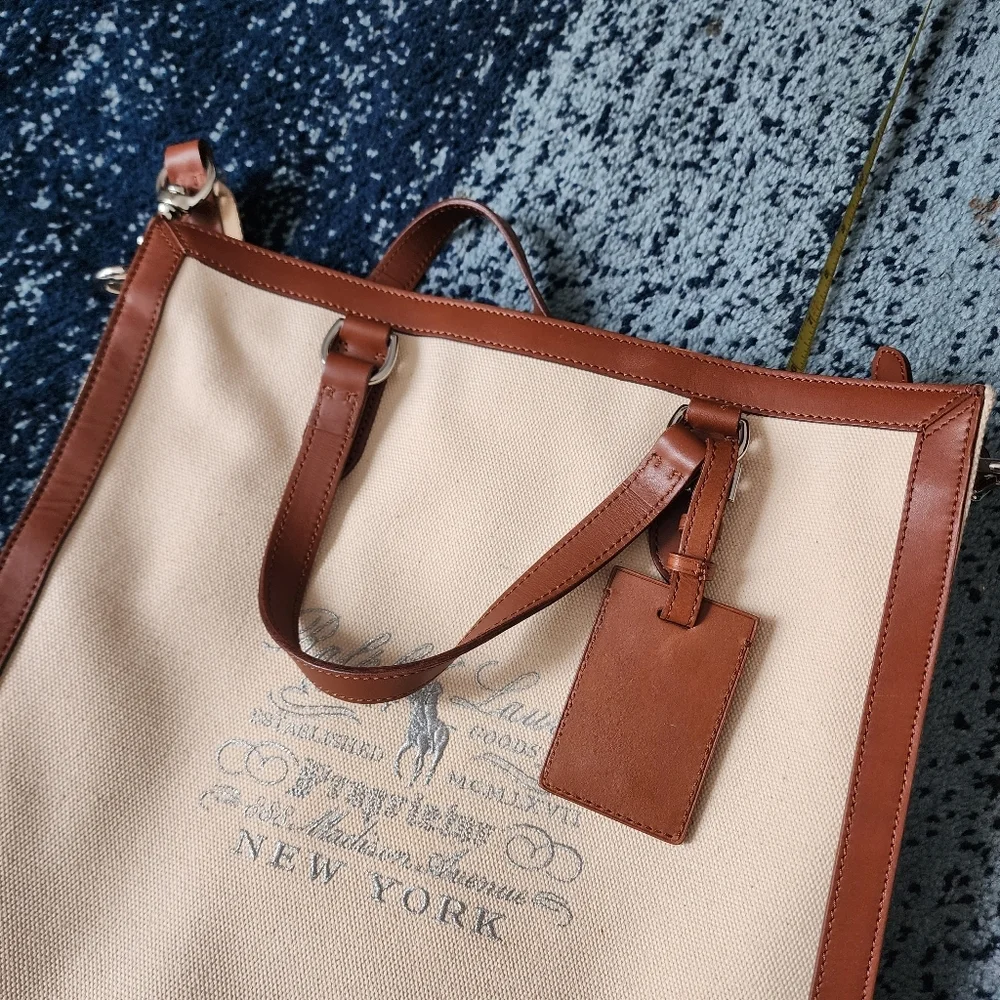 RALPH LAUREN Vintage Cream Canvas and Leather Tote Satchel Bag